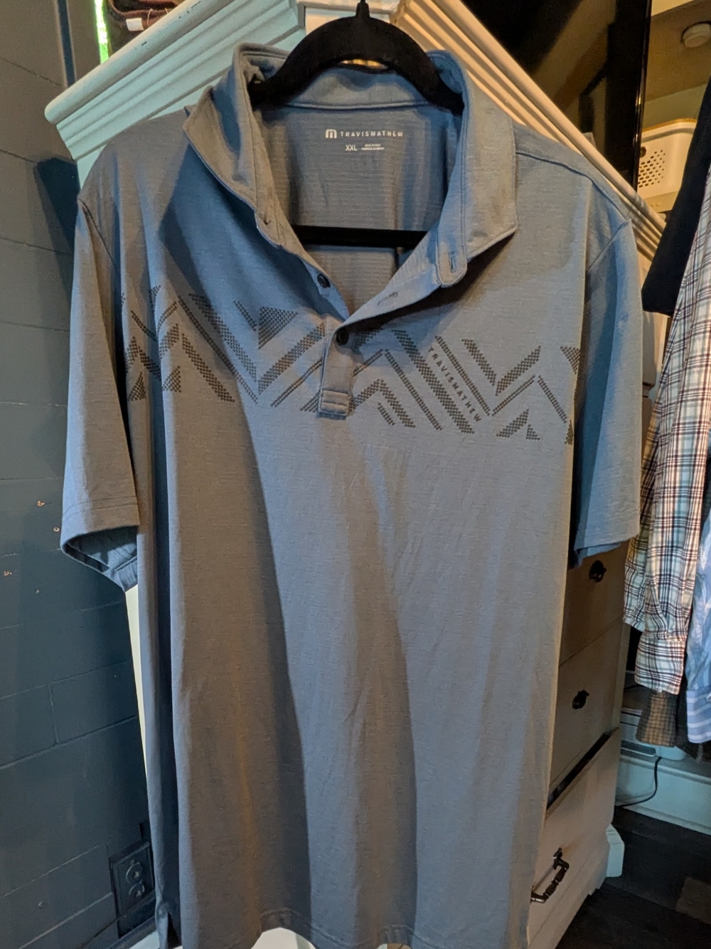 Travis Mathew Men's Short Sleeve Polo in Slate Blue with Geometric Print